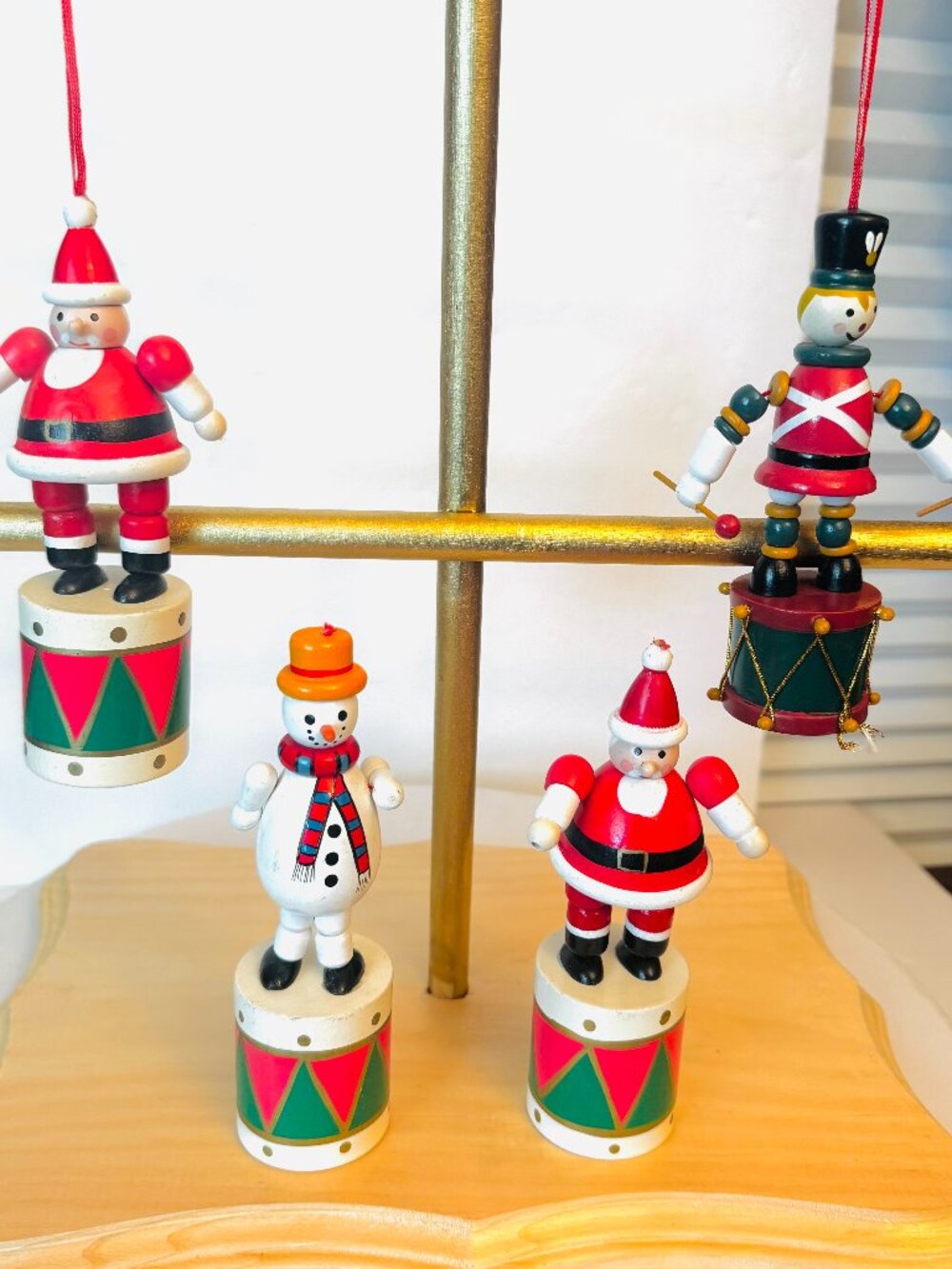 Vtg 4 Wooden Santa Claus Snowman Soldair Push Up Collapsible Toy Christmas Decor